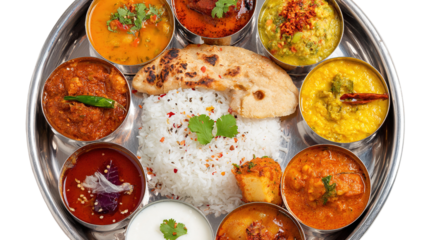 A top view of a delicious traditional Indian thali with various curries and gravies around isolated on transparent white background