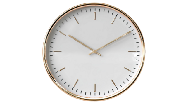 Classic roman numeral wall clock depicting time, wood finish on a white background signifying punctuality