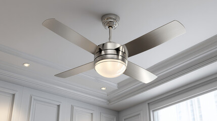 A ceiling fan with four blades and a light fixture attached to the ceiling in a modern room view