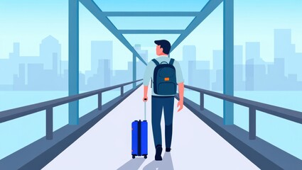 Fototapeta premium Man walking on a bridge with a suitcase, symbolizing travel and adventure