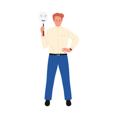 Confident man holding a smiling mask, symbolizing hidden emotions, on an isolated white background vector illustration