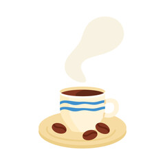 Isolated Swedish style coffee cup with blue waves, hot steam, and coffee beans vector illustration