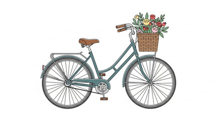 Illustration of a vintage bicycle with a basket full of flowers, the bike is teal, and the basket is brown, with colorful blooms