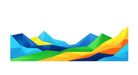 Abstract geometric mountain range illustration, the mountains are blue, green, yellow, and orange, with a low poly design