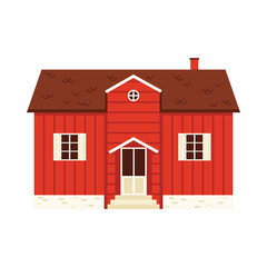 Classic Swedish red wooden house with brown roof and white windows isolated vector illustration
