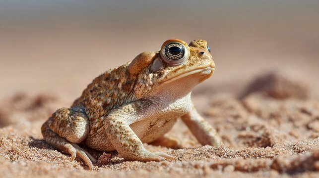 herpetology. Macro view of a Sonoran Desert Toad resting on sandy terrain in natural sunlight. wildlife magazines, conservation campaigns, designed for wildlife conservation campaigns.