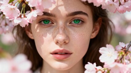 Obraz premium Close-up of a young woman with green eyes and freckles framed by pink cherry blossoms in a natural outdoor setting