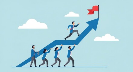 Teamwork helps leader achieve goal, business success concept with people lifting arrow