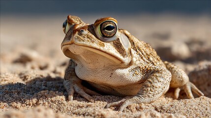 herpetology. Macro view of a Sonoran Desert Toad resting on sandy terrain in natural sunlight. wildlife magazines, conservation campaigns, designed for wildlife conservation campaigns.
