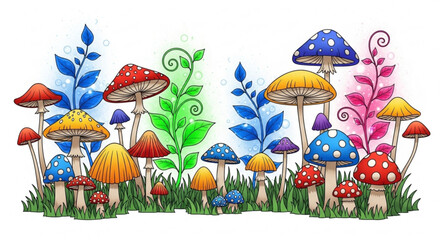 A whimsical collection of colorful mushrooms and foliage, , creating a magical and enchanting scene in a vibrant palette