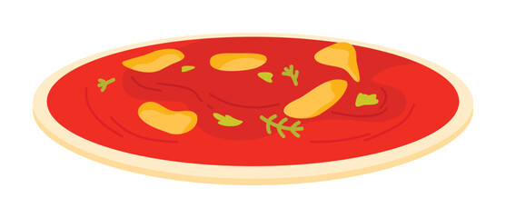 Flat Swiss pizza with tomato sauce and herbs on white background, isolated vector illustration