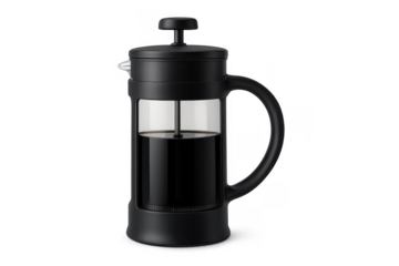 Fresh black coffee brewing in french press on transparent background