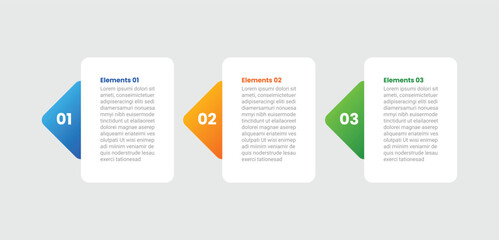 3 points infographic with gradient style with round box with triangle badge on side with 3 elements stages