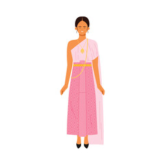 Isolated woman wearing traditional Thai pink dress with gold jewelry on white background vector illustration