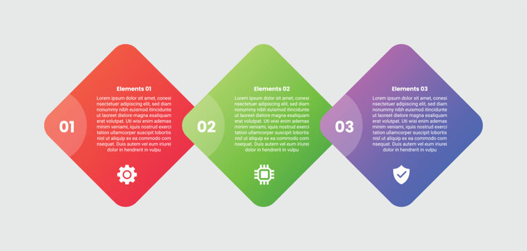 3 points infographic with gradient style with rhombus diamond shape on horizontal direction stacked layer with 3 elements stages