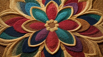 radial. Complex mandala pattern from colored sand, radial symmetry and vibrant colors. event programs, museum guides, designed for cultural heritage projects and event programs, supports education.