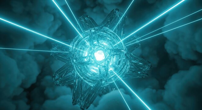 Glowing geometric crystal shape emanating bright blue light with beams against a shadowy, cloudy backdrop.