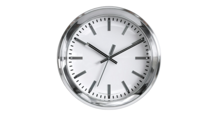 Classic roman numeral wall clock depicting time, wood finish on a white background signifying punctuality