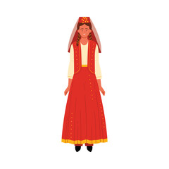 Smiling Turkish woman wearing red traditional folk dress and headpiece, isolated on white vector illustration