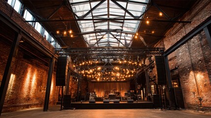 A spacious industrial venue features a lively music stage adorned with bright lights perfect for concerts.