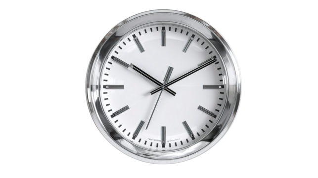 Classic roman numeral wall clock depicting time, wood finish on a white background signifying punctuality