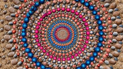 radial. Complex mandala pattern from colored sand, radial symmetry and vibrant colors. event programs, museum guides, designed for cultural heritage projects and event programs, supports education.