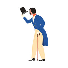 Elegant Victorian man tipping top hat with cane, isolated on white background vector illustration