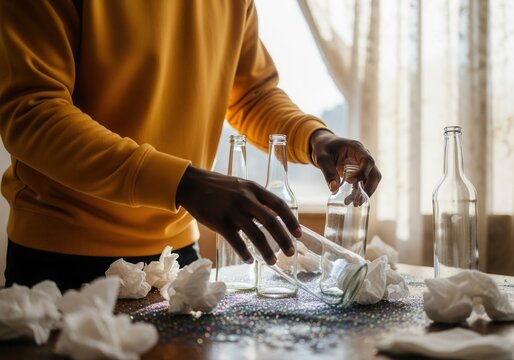 A person cleaning up a messy table with glitter and empty bottles. The aftermath of a New Year's party celebration.