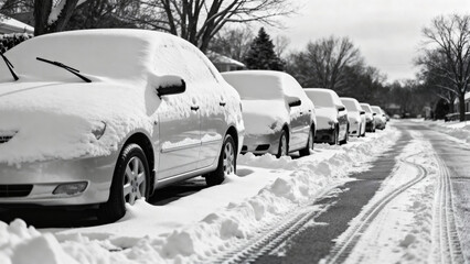 Snow-covered cars parked on street in winter landscape  