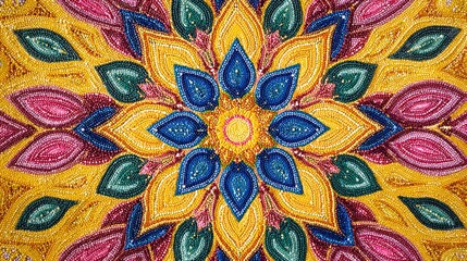 radial. Complex mandala pattern from colored sand, radial symmetry and vibrant colors. event programs, museum guides, designed for cultural heritage projects and event programs, supports education.