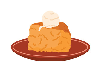 Traditional South African malva pudding with ice cream on a plate, isolated vector illustration