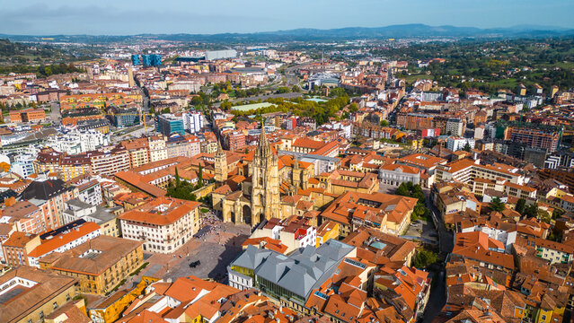 Historic Oviedo Cityscape. Catedral de San Salvador. Aerial view