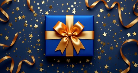 Elegant Blue Gift Box with Golden Ribbon and Stars