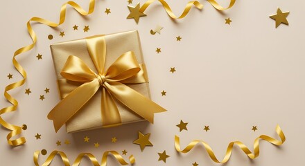 Elegant golden Gift Box with Golden Ribbon and Stars