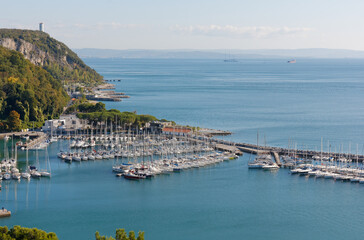 Marina in Sistiana bay on the Trieste coast, Italy, on the Northern Adriatic Sea.
