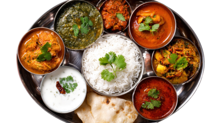 A top view of a delicious traditional Indian thali with various curries and gravies around isolated on transparent white background