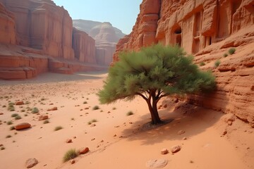 A lone tree growing out of a crack in a desert cliff.