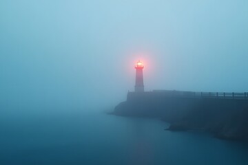 A dense fog rolling over a coastal lighthouse beam.