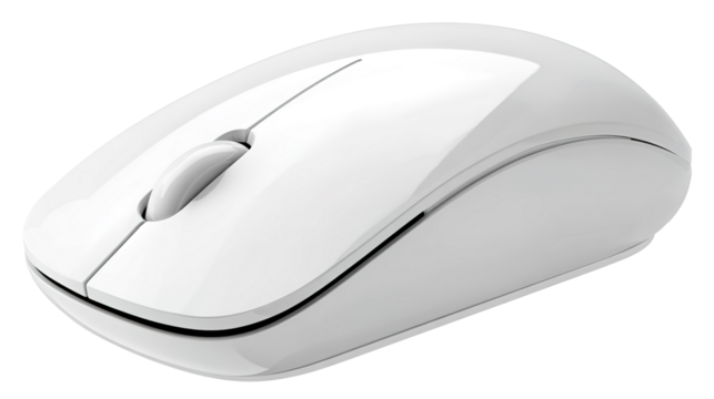 Wireless black computer mouse top view. Isolated png with transparency