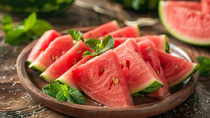 Freshly cut watermelon slices arranged on a wooden plate, ready for a summer snack - Powered by Adobe