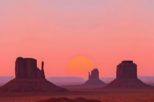 Desert monoliths rising against a pink and orange sky.