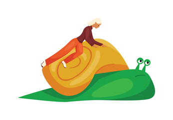Creative isolated image of a woman riding a large snail symbolizing slow progress vector illustration © Flash Vector