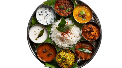 Top view of north indian thali with paneer masala and salad roti isolated on white background