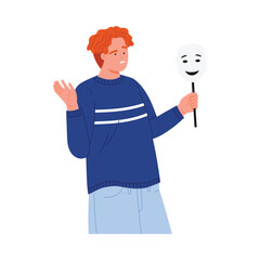 Young man with red hair looks confused while holding a smiling mask isolated vector illustration