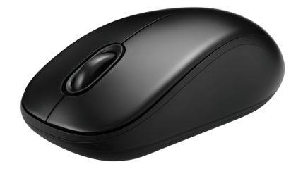  Wireless black computer mouse top view. Isolated png with transparency