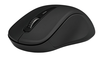  Wireless black computer mouse top view. Isolated png with transparency