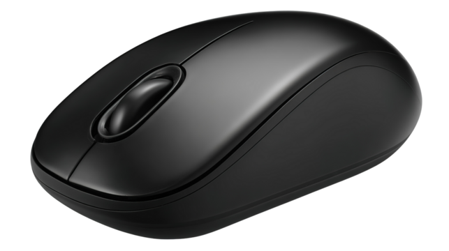 Wireless black computer mouse top view. Isolated png with transparency