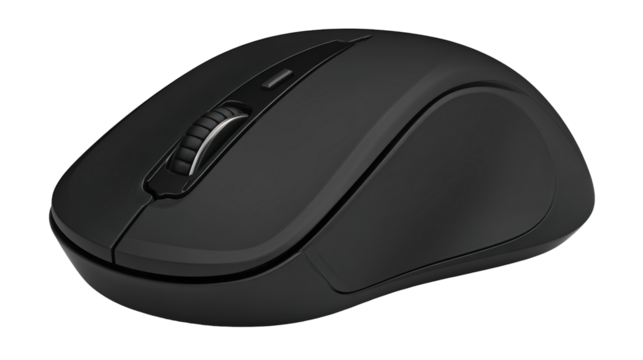  Wireless black computer mouse top view. Isolated png with transparency