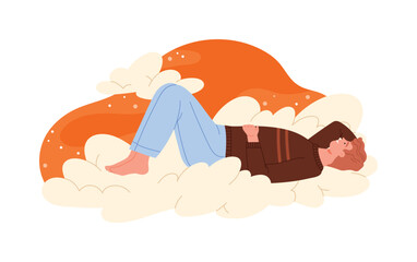 Young person lying peacefully on fluffy clouds, relaxing in a dreamy isolated scene vector illustration