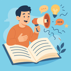 Public Speaking and Communication Skills — Flat Vector Illustration of Man with Megaphone and Open Book
